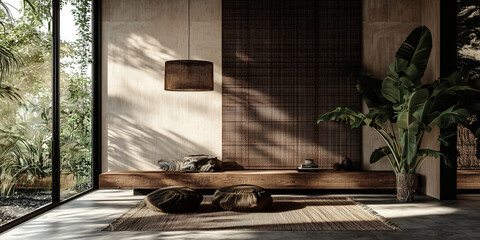 Poster - cozy rustic living room features wooden bench, woven decor, and large potted plants, creating serene atmosphere with natural light streaming through large windows