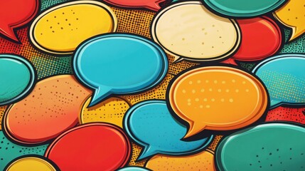 Wall Mural - A vibrant collection of colorful speech bubbles in a comic book pop art style, showcasing various sizes and shapes on a contrasting background, perfect for creative design projects