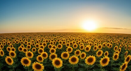 Fototapete - Expansive sunflower field under a vibrant sunset, showcasing nature's beauty