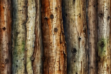 close-up of tree bark textures in watercolor style
