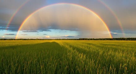Fototapete - Vibrant double rainbow arches over lush green rice field under a dramatic sky
