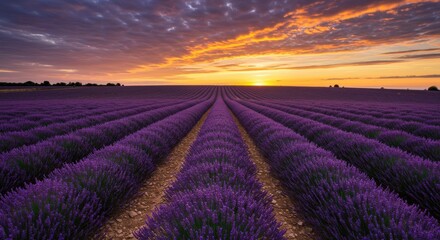 Fototapete - Expansive lavender field at sunset with vibrant colors and dramatic clouds