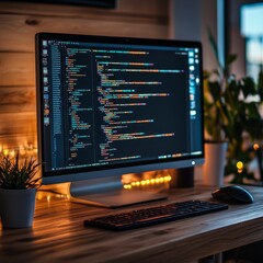 Leinwandbilder - Coding at night: A programmer's workspace with a sleek monitor displaying lines of code on a wooden desk.
