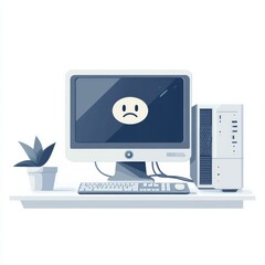 Leinwandbilder - Computer Displaying a Sad Face, System Error, Desk Plant and Tower on Shelf, Blue Tones