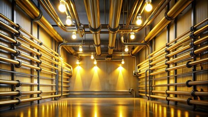 Illuminated Industrial Pipescape A Gleaming Array of Gold Pipes and Vintage Lighting in a Modern Industrial Setting