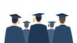 © Elena - Minimalist flat illustration of graduates in blue gowns and academic caps, back view. Concept academic success, achievements and new beginnings, evoking a sense of pride and accomplishment.