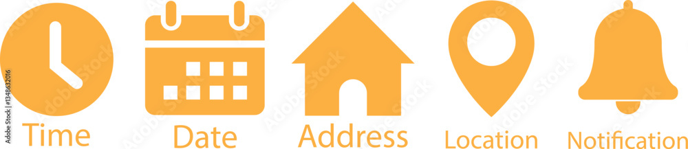 Timemap Icon Time, date and address yellow flat icons set. Event calendar reminder ...