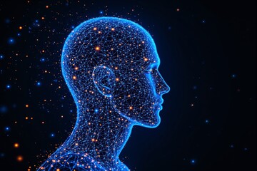 Wall Mural - futuristic digital human head composed of glowing blue networks and particles.