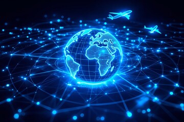 Poster - Futuristic digital globe with glowing network connections and airplanes.