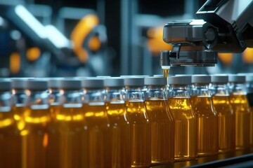 Wall Mural - vast industrial bottling plant showcasing rows of hundreds of glass bottles ready for packaging and 