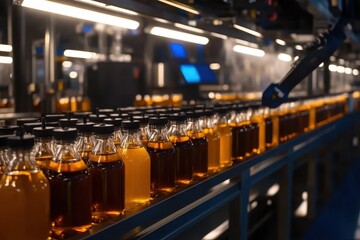 Wall Mural - vast industrial bottling plant showcasing rows of hundreds of glass bottles ready for packaging and 