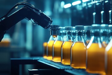 Wall Mural - vast industrial bottling plant showcasing rows of hundreds of glass bottles ready for packaging and 