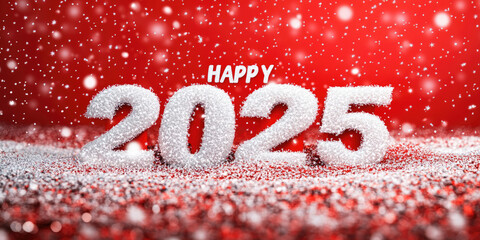 Wall Mural - happy 2025 greeting with large snow-covered numbers on a festive red background, sparkles, snowflake