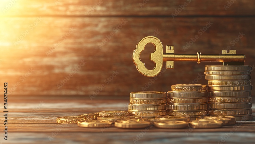 Golden key atop a stack of coins, symbolizing financial success and ...