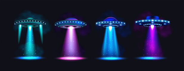 ufo abduction. green blue alien spaceship with bright cosmic light beam. 3d fantasy saucer, science 