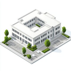 Aufkleber - Isometric View of a Minimalist White Building with Greenery, Parking, and Courtyard Garden Concept