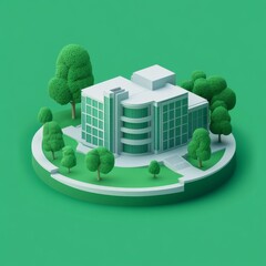 Aufkleber - Modern Office Building Surrounded by Trees on a Green Platform: Minimalist Architectural Rendering