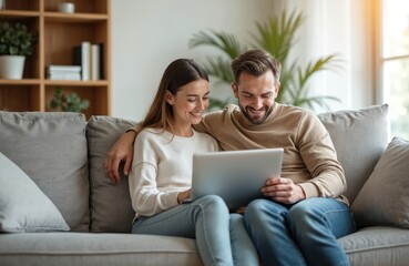 young couple using laptop computer, watching media, shopping online, video calling from home. man, w