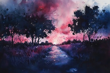 Wall Mural - dark and moody watercolor painting providing a richly textured and dramatic backdrop for artistic en