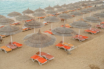 Leinwandbilder - Empty beach with straw umbrellas and sun loungers in Egypts coastal area during daytime