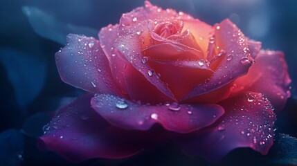 Poster - A close-up of a blooming rose with dew drops delicately resting on its petals, showcasing the intricate layers and vibrant color, symbolizing beauty and freshness.