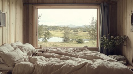 Aufkleber - A peaceful Nordic bedroom with natural wood accents, soft bedding, and a large window overlooking a serene landscape, creating a calming retreat.