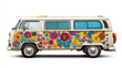 © Md - Vintage retro hippie van adorned with colorful flowers, set against a clean white background