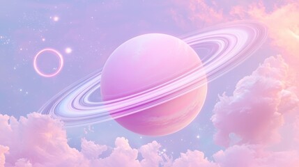 Wall Mural - A dreamy depiction of a pink-hued planet surrounded by clouds, featuring rings and celestial elements in a pastel sky.