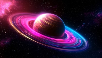 Wall Mural - A colorful, abstract depiction of a planet with vibrant rings, set against a starry cosmic background.