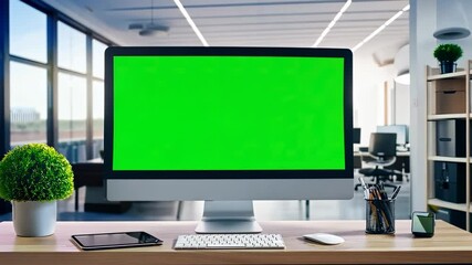 green screen desktop computer showing marketing presentation in modern office, perfect for showcasin