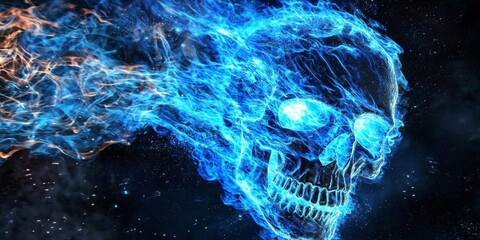 Wall Mural - The eerie beauty of a skull surrounded by vibrant blue flames.