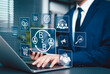 © Supatman - B2B Business Strategy and Digital Marketing Concept. Businessman working on laptop with B2B interface icons, business to business networking, marketing, sales, strategy, data analytics, B2B Marketing,
