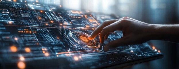 Futuristic Cyber Interface with Digital Holographic Control Panel and Software Engineering in Technology Network