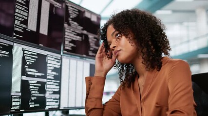 Wall Mural - unhappy sad developer programmer woman in stress coding software