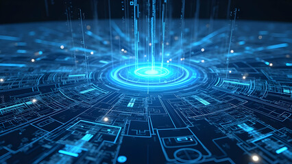 Futuristic digital landscape with glowing blue circular network, holographic data streams, and interconnected cybernetic grid patterns.