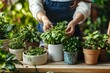 © J lee - a female gardener who transplants plants into ceramic pots , Generative AI