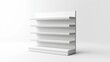 © sukarman - 3D model of a white, empty, four-tiered retail display shelf, with smooth, seamless surfaces and straight edges, isolated on a white background