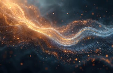 Poster - Abstract swirling background with gold silver glitter particles against dark backdrop. Mesmerizing cosmic effect. Elegant modern design, magical shimmer. Perfect for digital art, graphic design,