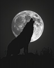  A wolf sits on a mountain and howls at the full moon.