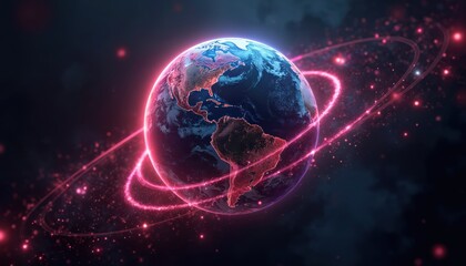 Poster - Digital rendering earth with glowing pink, blue, red lines. Globe surrounded by network, tech connections. Concept future, global, innovation, futuristic, cyber, science AI web cloud.