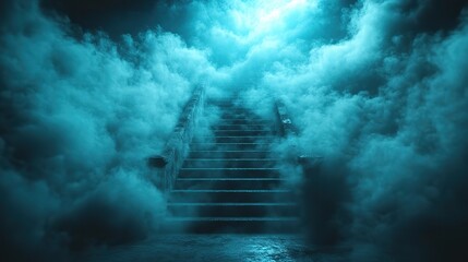 Wall Mural - a concrete stairway rises through dense fog, top steps glowing ominously in a shadowy room, evoking 