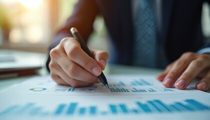 Poster - Hand writing business data report chart pen document. Businessman analyzing financial graphs, writing notes. Business analysis, data study, market research, profit statistics, growth charts, success