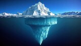 A surreal iceberg floating in a deep blue ocean, surrounded by drifting ice