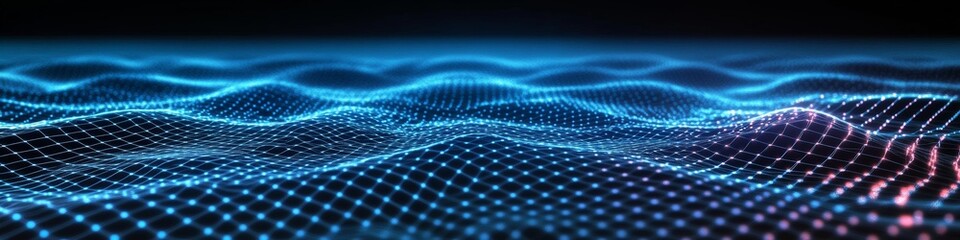 Abstract 3D Waveform with Connecting Hexagons, Neon Blue, Sci Fi Background with Particles and Lines