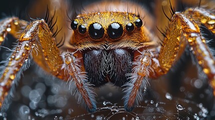 A close-up of a spider weaving its web, with droplets of water on the web's strands, creating a beautifully detailed scene