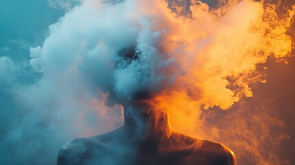 Wall Mural - Against a light blue background, a man exhales a large white smoke cloud, obscuring his head, symbolizing stress, information overload, and exhaustion.