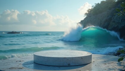 Aufkleber - Blank podium stage on sea ocean wave background. Studio platform display stand for product placement. Mockup template for advertising, promo. Minimal modern design with stone texture. Tropical
