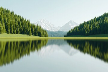 Wall Mural - pristine lake reflects majestic mountains and lush green forest