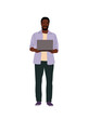 © Creative_Juice_Art - Black business man working at laptop. African american guy wearing smart casual office outfit standing with computer. Vector realistic illustration isolated on transparent background.