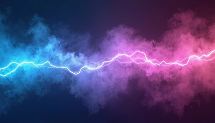 Poster - Bright blue, purple neon lines flash with electric effect, smoke on background. Light streak glowing, vibrant. Energy, tech, abstract, modern design, laser.